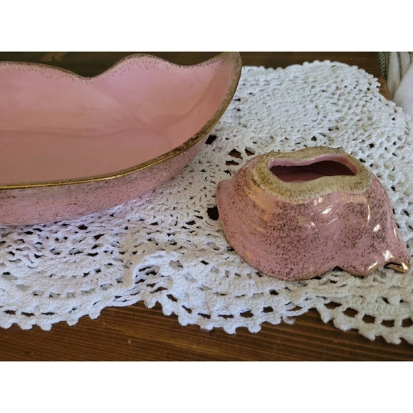 Vintage Gilner USA Pottery Pink and gold console bowl And Candle Holders - Picture 4 of 9
